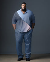 Big Men's Blue Gradient Gentleman Business Polo Zipper Shirt and Pants Two-piece Set